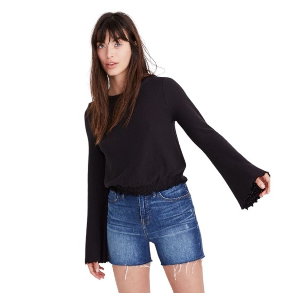 Madewell Texture & Thread Size XS Peasant Style Smocked Long Sleeve Black Top